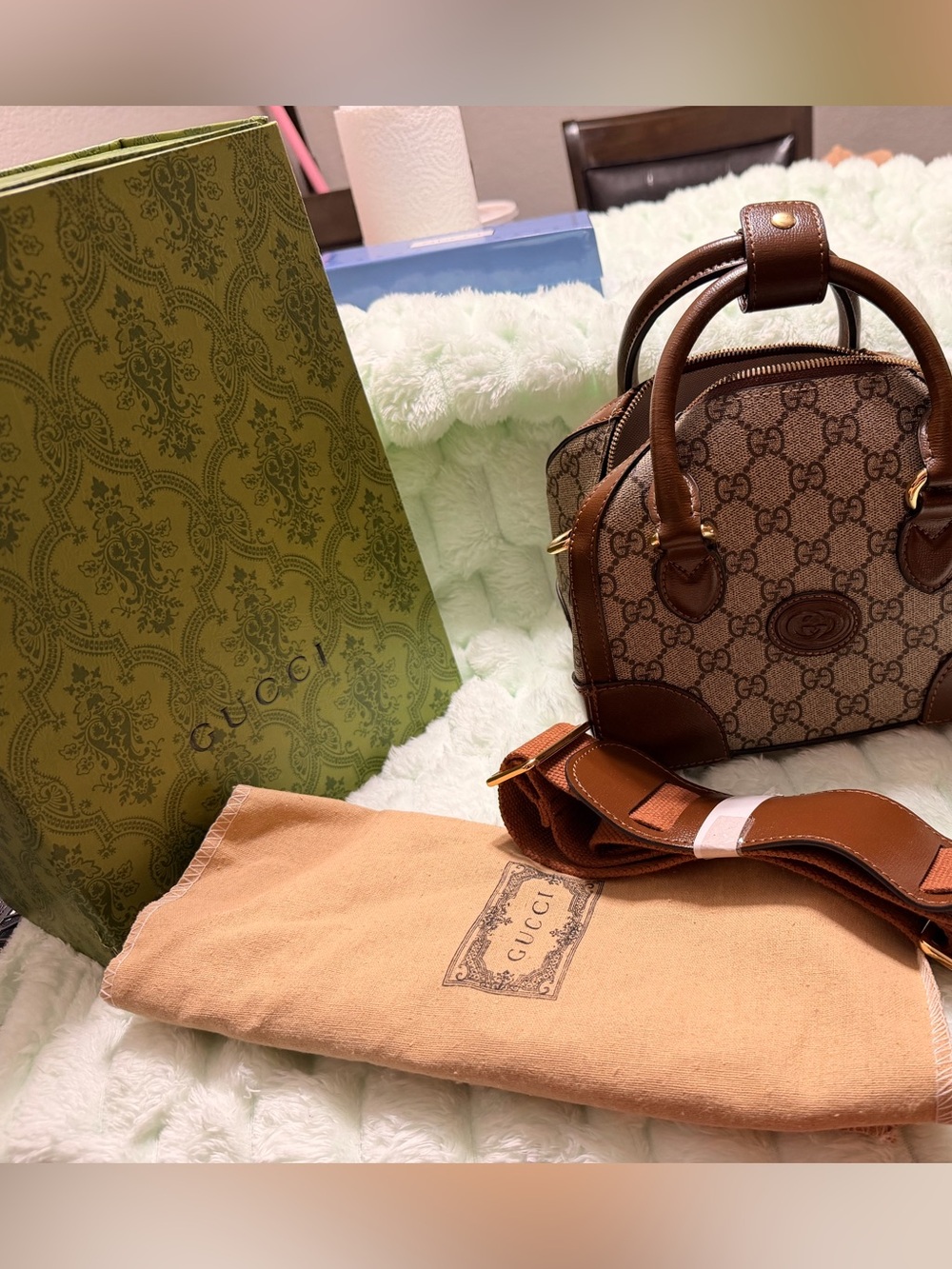 Gucci Brown GG Supreme Mini Handbag with Leather Trim